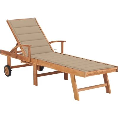 Afbeelding van Ligbed met beige kussen massief teakhout