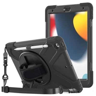 Afbeelding van ProCase beschermhoes met penhouder, riem, polsband voor iPad 10,2 inch 2021 9e/2020 8e/2019 7e generatie, schokbestendig, robuust, zwart