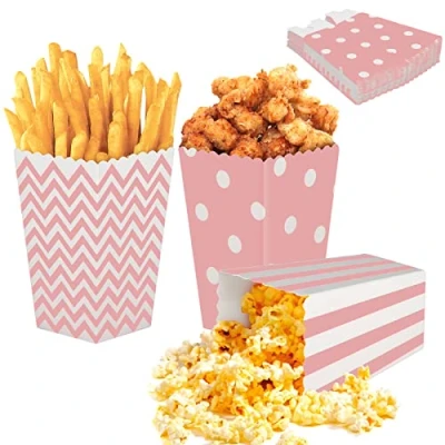 Afbeelding van 24 stuks roze popcorndozen 3 verschillende designs Voor feestjes, familiefeesten, bioscoop, kinderverjaardagen