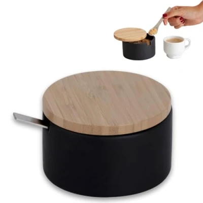 Afbeelding van Kook Time Ronde keramische suikerpot met bamboehouten deksel en roestvrijstalen lepel, ideaal als zoutvaatje, afmetingen: 12,5, 10, 6,5 cm, zwart