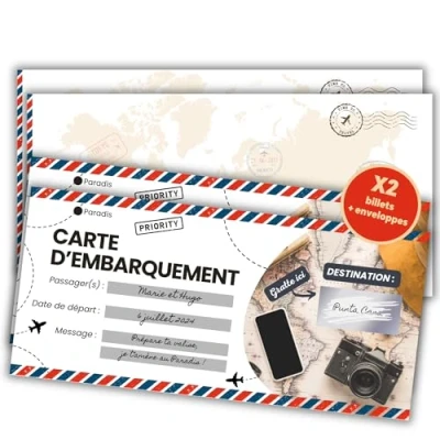 Afbeelding van Kraskaart voor reizen, verrassing + bedrukte envelop, personaliseerbare instapkaart om cadeau te geven in het Frans, vliegticket, aankondiging, verjaardag, Kerstmis, EVJF &amp; EVG, heren en