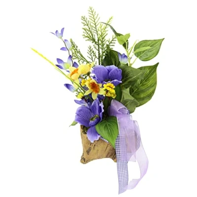 Afbeelding van Sieraad van kunstmatige narcissen anmonen en bijwerk in pot houtlook, kunstkunstkunstkunstkunstkunstkunstbloemen, paasdecoratie, voorjaarsdecoratie, tafeldecoratie, voorjaar, bloemendecoratie