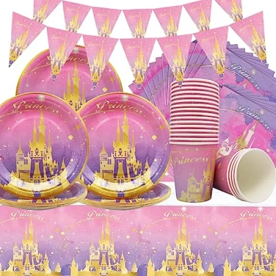 Afbeelding van Doyomtoy Prinsessenfeestservies, 62 delig, placemat, prinsessenkasteel, banner, verjaardagsfeest, servies, servetten, papieren bekers, tafelkleden (20 gasten)