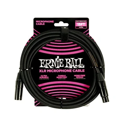 Afbeelding van Ernie Ball 15ft gevlochten mannelijk vrouwelijk XLR microfoon kabel zwart