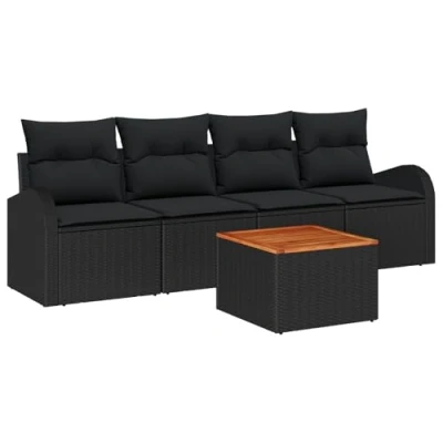 Afbeelding van vidaXL 5 delige tuinsofa set met kussens zwart poly rattan acacia, 2 zits opbergruimte &amp;