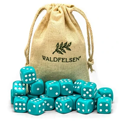Afbeelding van Waldfelsen® Set van 6, 12, 20, 30 of 50 stuks hoogwaardige acryl dobbelstenen, standaardformaat 16 mm, 6 zijdige speeldobbelstenen, speelaccessoires met stoffen zak (turquoise, 20 stuks)