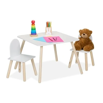 Afbeelding van kindertafel met 2 stoeltjes zithoogte: 24,5 cm houten poten