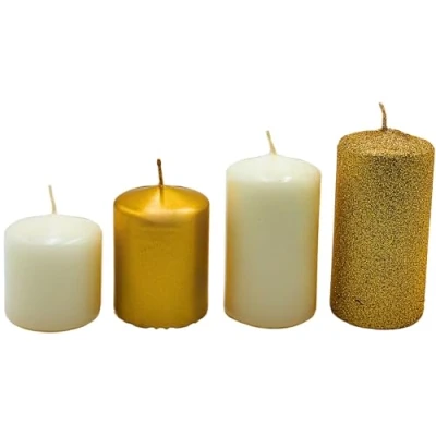 Afbeelding van Set van 4 stompkaarsen voor adventskrans, tafelkaarsen, witgoud en gouden glitter, schaal 5 x cm tot (l b h) 9