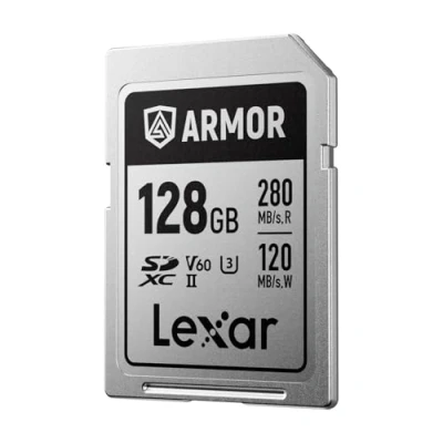 Afbeelding van Lexar Armor Silver Pro SD kaart, 128 GB, UHS II geheugenkaart, roestvrij staal, C10, U3, V60, 6K UHD video, tot 280 MB/s lezen, 120 schrijven, SDXC kaart voor digitale SLR