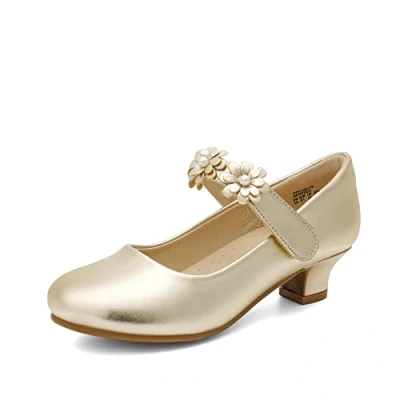Afbeelding van DREAM PAIRS Kids Pumps voor kleine meisjes, comfortabel, met robuuste blokhak, meisjesschoenen feestjes, Goud