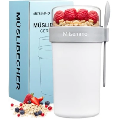 Afbeelding van Mitsemmo Mueslibeker om mee te nemen 760 ml + 230 ml, mueslibeker, yoghurtbeker to go, nemen, mueslikom, mueslibox, box