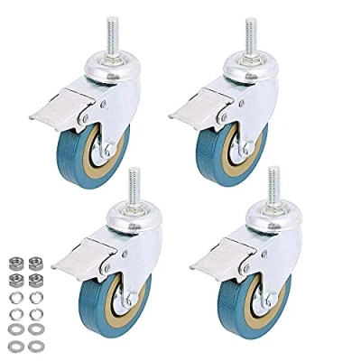 Afbeelding van 4 stuks, Wefond vergrendeling 7,8 cm (3 inch), draadstang, draaibaar, niet markerend, PU wielen en rem voor trolleys, meubels, werkbank (draadstang: 12 x 30 mm)