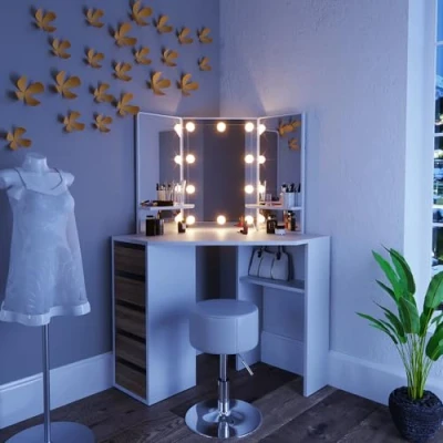 Afbeelding van Vicco Hoek kaptafel Arielle, Wit/Sonoma/Sonoma, 110 cm met LED verlichting en kruk
