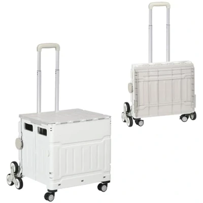 Afbeelding van HOMCOM Opvouwbare boodschappentrolley draagbare met verstelbare telescopische handgreep en deksel, trolley trap, wieltjes, max. draagkracht 80 kg, wit