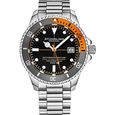Afbeelding van Stührling Zwart en oranje “Depthmaster Heritage Duikershorloge Zwitsers Automatisch 42mm Horloge Heren