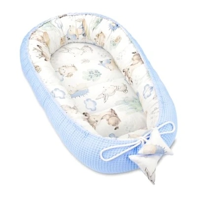 Afbeelding van Babynestje voor pasgeborenen, 90 x 50 cm, cocon, handgemaakt, gewafeld katoen aan beide kanten, Sterren, Diertjes, Blauw