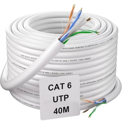 Afbeelding van Ethernet kabel, 40 m, RJ45 netwerkkabel Cat 6 UTP (Unshielded Twisted Paired) 23 AWG, LAN Gigabit high speed glasvezelkabel, patchkabel, waterdicht, installatie, wit