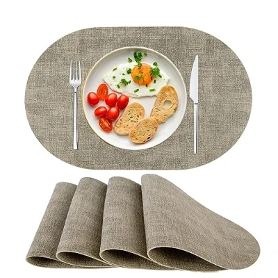 Afbeelding van Afwasbare placemats van kunstleer, hittebestendig, antislip, voor eettafel, keuken, ovaal, beige, 4 stuks