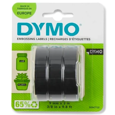 Afbeelding van DYMO 3 stuks kunststof etiketten voor junior &amp; omega etiketteringsapparaat, zelfklevend, 9 mm x m, wit op zwart