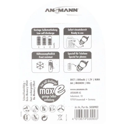 Afbeelding van Ansmann NiMH batterij Mignon 800mAh DECT dubbele blister