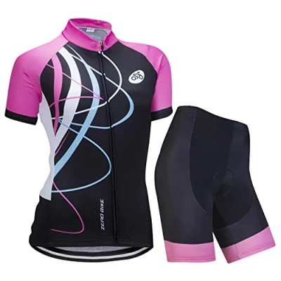 Afbeelding van Fietsset, voor dames, fietsen, ademend, sneldrogend, fietsshirt, korte mouwen, 3D kussen, gevoerd, strak, shorts