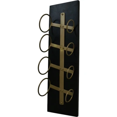 Afbeelding van Hangend wijnrek 4 flessen 20x13x65 Zwart/goud Mangohout/metaal