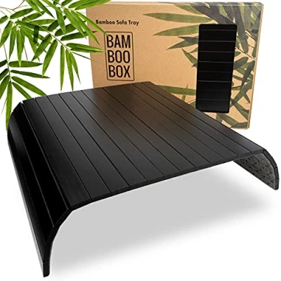 Afbeelding van BAM BOO BOX Sofadienblad Bamboe bankblad Flexibel armleuningdienblad Armleuningbeschermers Bekerhouder Sofablad (zwart)