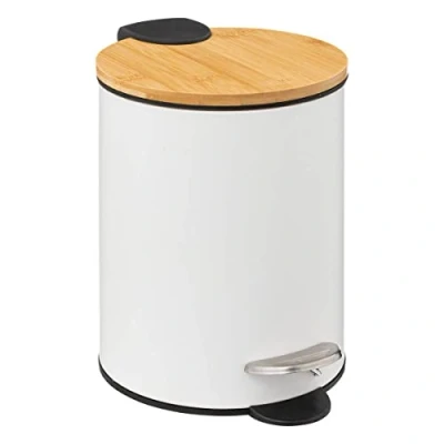 Afbeelding van 5Five Stijlvol &amp; Compact Afvalemmer 3L met Bamboe Deksel Softclose Wit