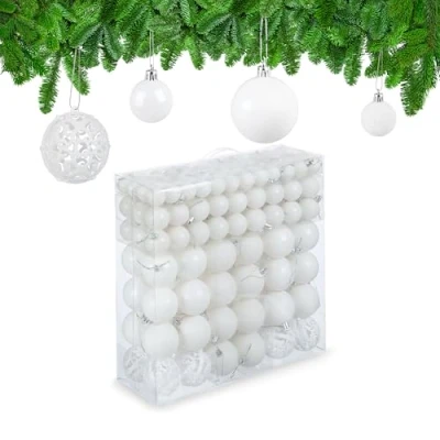 Afbeelding van Relaxdays kerstballen set van 150 kerstboom ballen kunststof mat en glanzend wit