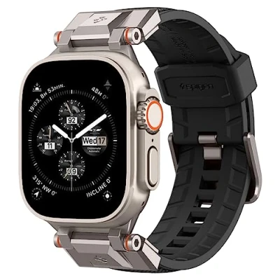 Afbeelding van Spigen Dura Pro Armor stevig vervangend bandje met metalen connector, compatibel Apple Watch Ultra 49 mm 8/7 45 6/5/4 SE2 44 3/2/1 42 mm, zwart, TPU, roestvrij staal