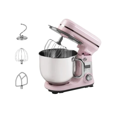 Afbeelding van Bestron Keukenmachine, Super Stille (65dB) 4 in 1 Keukenmachine met DC motor, 6 liter mengkom, incl. deeghaak, garde en klopper, snelheden + pulsefunctie, kleur: Roze