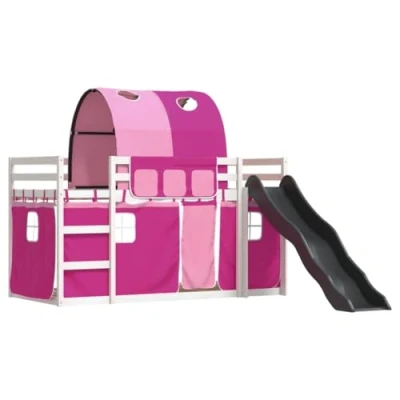 Afbeelding van vidaXL Stapelbed met glijbaan en gordijnen roze 90x200 cm