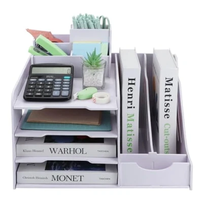 Afbeelding van IOUGDSEC bureau organizer met brievenbak, 4 laags papierlade documentenhouder en penhouder, A4 organizer, tijdschriftenhouder, post, aktetas voor kantoor, thuis