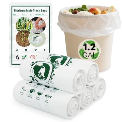 Afbeelding van 120 kleine biologisch afbreekbare vuilniszakken van 6 liter, 100% gerecycled, duurzaam en afbreekbaar voor thuis, badkamer, kantoor, keuken, voedselafval (geschikt