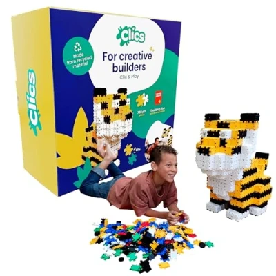 Afbeelding van Clics tijger bouwblokken box DUURZAAM speelgoed gemaakt van GERECYCLEERDE kunststof bouwset grote 4,5,6,7,8 jaar jongens en meisjes educatief Montessori constructie