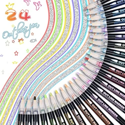 Afbeelding van Vicloon Glitterstiften, 24 kleuren metallic viltstiften, cadeau idee voor tieners, meisjes, contourpennen, glitter, magische marker, tekenen, scrapbooking, cadeaukaart