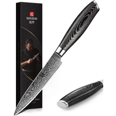 Afbeelding van Damascus 5&quot; Groentemes (67 lagen) Xinzuo B20 Luxe &amp; Professioneel Vlijmscherp staal 24.5 cm Officemes met lemmet van 12.5 Pakka houten handvat