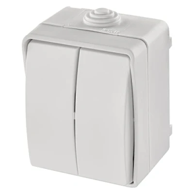 Afbeelding van EMOS Waterdichte serieschakelaar met 2 wippen, dubbele schakelaar voor verlichting, witte kleur, 250 V /10 AX, kunststof, opbouw wandmontage, beschermingsklasse IP54 buiten