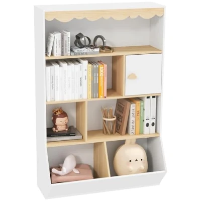 Afbeelding van AIYAPLAY Boekenkast voor kinderen, boekenkast, opbergkast speelgoed met 4 planken, 2 vakken en kast, rek kinderkamer, speelkamer, wit