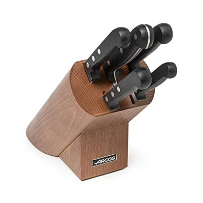 Afbeelding van Arcos 5 delige messenset. Groter snijvermogen 2950 gr. Blok van grenenhout. Ergonomische handgreep polyoxymethyleen POM. Universele serie. Grotere controle. Kleur zwart.