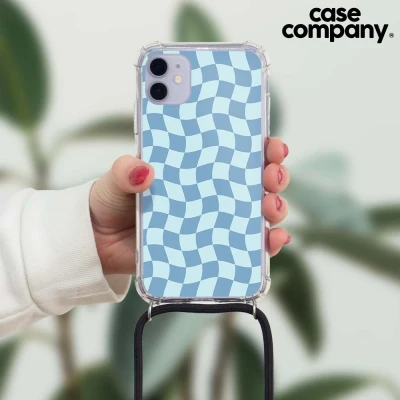 Afbeelding van Case Company® hoesje met Koord geschikt voor iPhone 11 Pro Grid Blauw Telefoonhoesje Zwart Extra Bescherming aan alle Kanten en Over de Schermrand