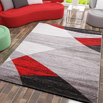 Afbeelding van VIMODA Tapijt met geometrisch patroon in grijs, wit, zwart en rood, afmetingen: 60 x 110 cm