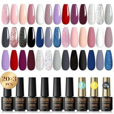 Afbeelding van ROSALIND semi permanente nagellak, 23 stuks, mini nude roze, wit, zwart, blauw, glitter, uv nagellak voor beginners, nail art, doe het zelf