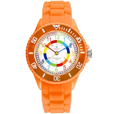 Afbeelding van Alienwork Kinderhorloge van leer, uurwerk voor jongens en meisjes om te leren klokkijken, waterdicht 5 ATM