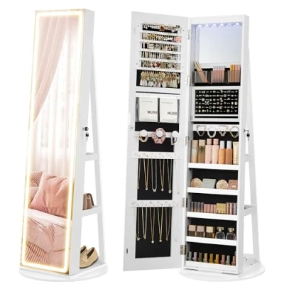 Afbeelding van SONGMICS Sieradenkast op voet, kast met spiegel, sieradenorganizer, verstelbare verlichting, afsluitbaar, volledige lengte, grote opbergruimte, voor slaapkamer, wolkenwit JJC008W03