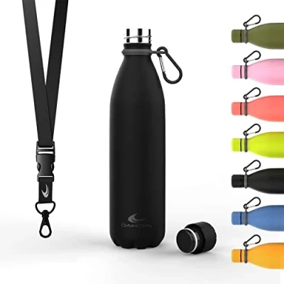 Afbeelding van Daikoku roestvrijstalen fles + verstelbare riem karabijnhaak, dubbelwandige thermosfles, BPA vrij, herbruikbare waterfles, lekvrije dop Zwart 750 ml