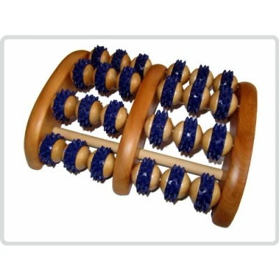 Afbeelding van Voetmassageroller met 8 rollers hout blauwe rubberen noppen