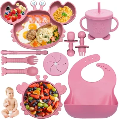 Afbeelding van Kinyoda Lot de 10 bouillies sevrage pour enfant, set gruau antidérapant avec ventouse assiette bol tasse bavoir, ensemble couverts enfants l&#039;alimentation, sans BPA(rose)
