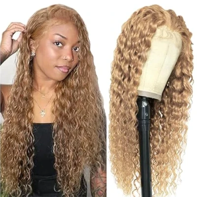Afbeelding van Tuheerst Blonde pruik, echt haar, watergolf, 4 x #27, Zwitsers kant, 100% onbewerkt, Braziliaans Remy Pre geplukt, natuurlijke haarlijn met babyhaar, geen geur voor dames, 55 cm