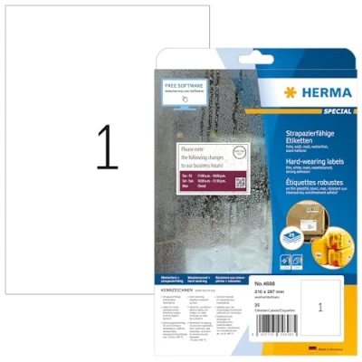Afbeelding van Herma 4698 kunststof etiketten, 210 x 297, A4, LaserCopy, wit